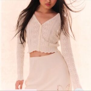 New LoveShackFancy Petra Bow Pointelle Cropped Cardigan Ivory